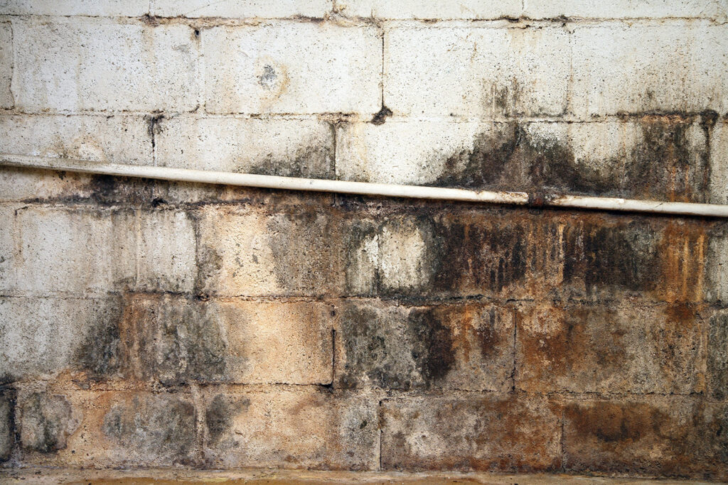 severe water damage on a cinderblock wall